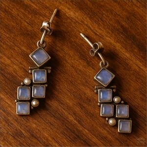 Vintage Sterling Silver Geometric Drop Earrings Lavender Moonstone Style